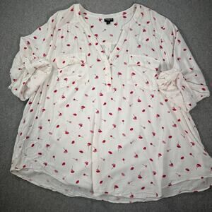 Torrid Harper Lips Lollipop Flirty Blouse Women's 4/4X V-Neck White Red Pockets